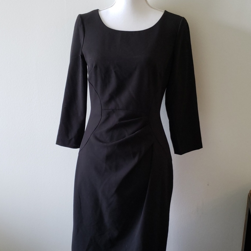 EUC Calvin Klein Black Dress Full Zip Back Flattering Ruched Side Detail